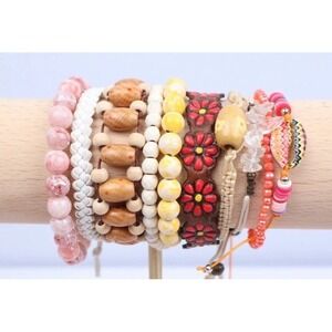 Boho Stackable Bracelets (10) Bead Shell Adjustable Stretch Leather Stone